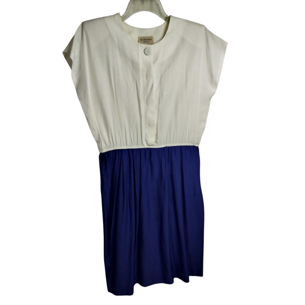 5167)Vtg 80s Von Bramlett  Secretary Two Tone Pleated Skirt Blouson Dress 11/12P